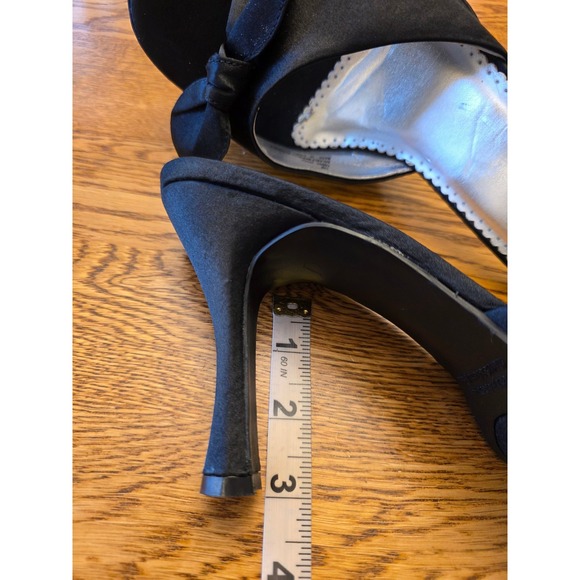 Vintage 90s Rampage Womens 10 Black Satin Bow Mule 3" Heels Open Toe Slide - Picture 7 of 10